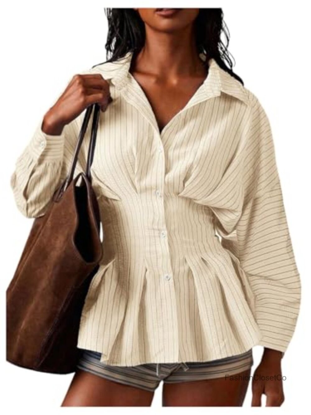 Cinched Waist Peplum Button Down Collared Blouse Long Sleeve Women's Top
